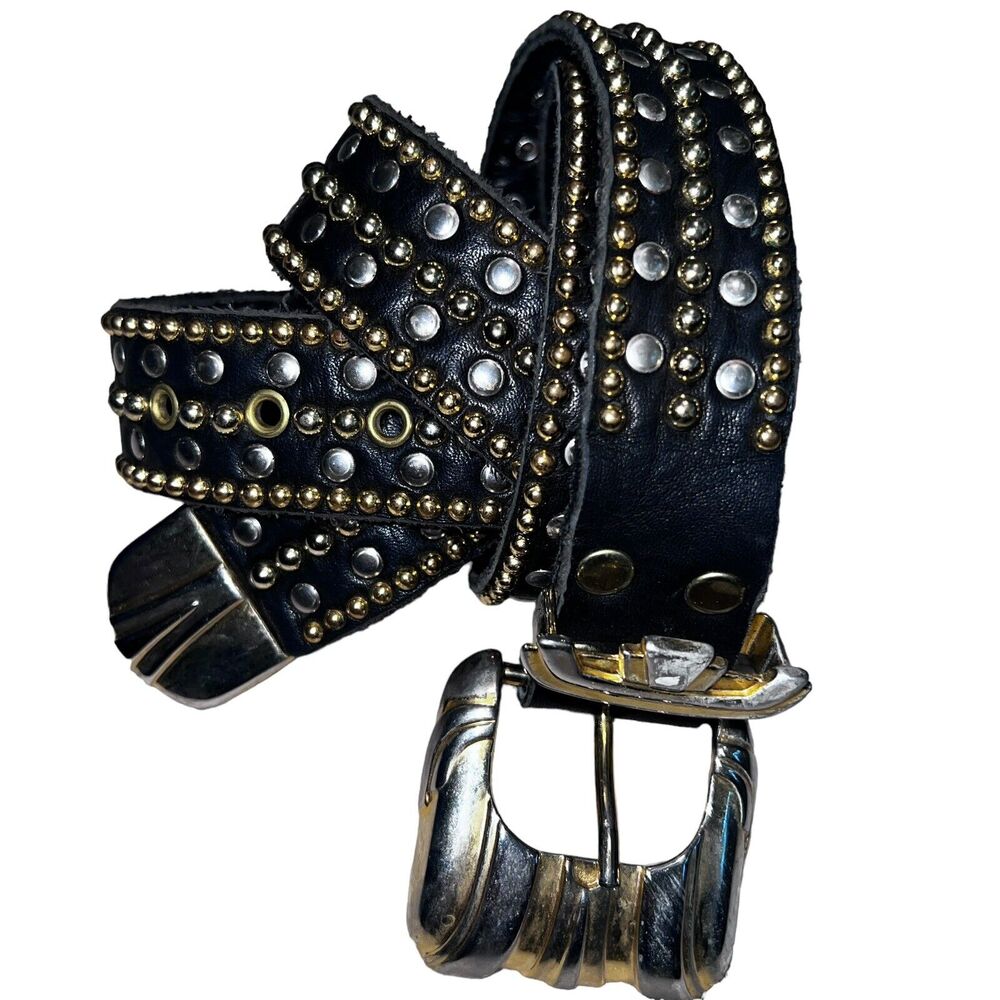 SAND CASTLE USA Belt Leather Black With Gold Beaded Brass Studs 32-40” Western